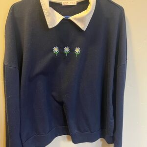 Romwe Navy Blue Blouse with White Collar and Daisy Embroidery Women Large